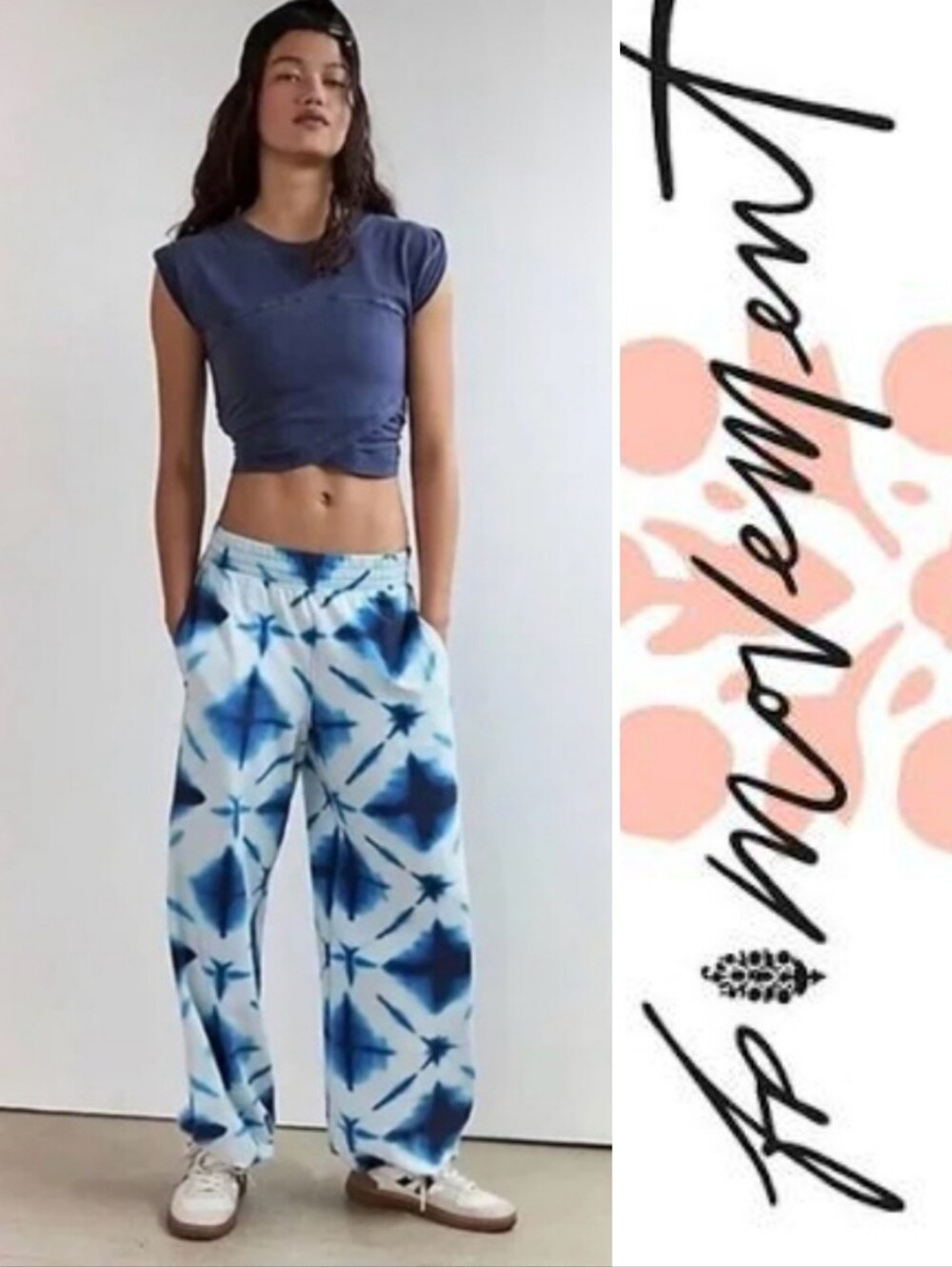 2 Pc Set Free People Movement Hot Shot Cotton Top & Pants, Navy Tie Dye